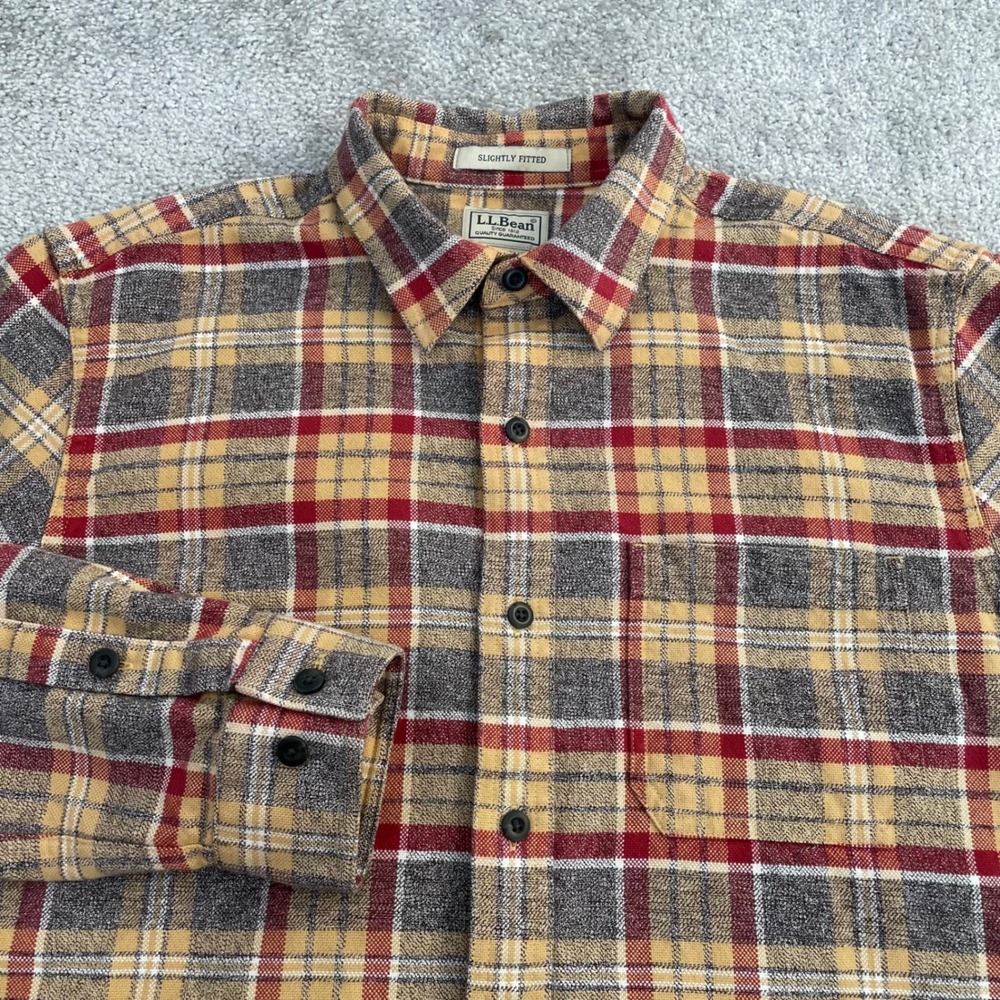 LL Bean Flannel Shirt Mens Medium Slightly Fitted Yellow Fall Plaid Button-Down